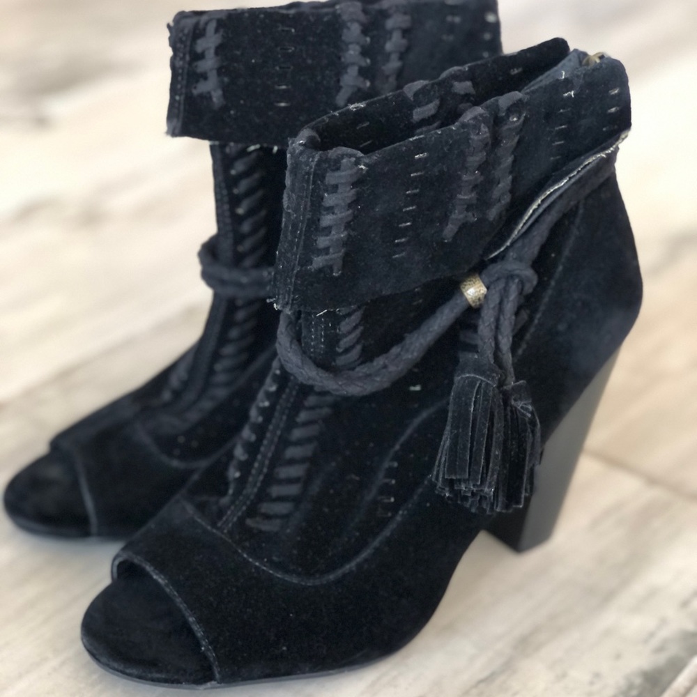 BAMBOO Open-Toe Black Suede Booties with cuff and tassel